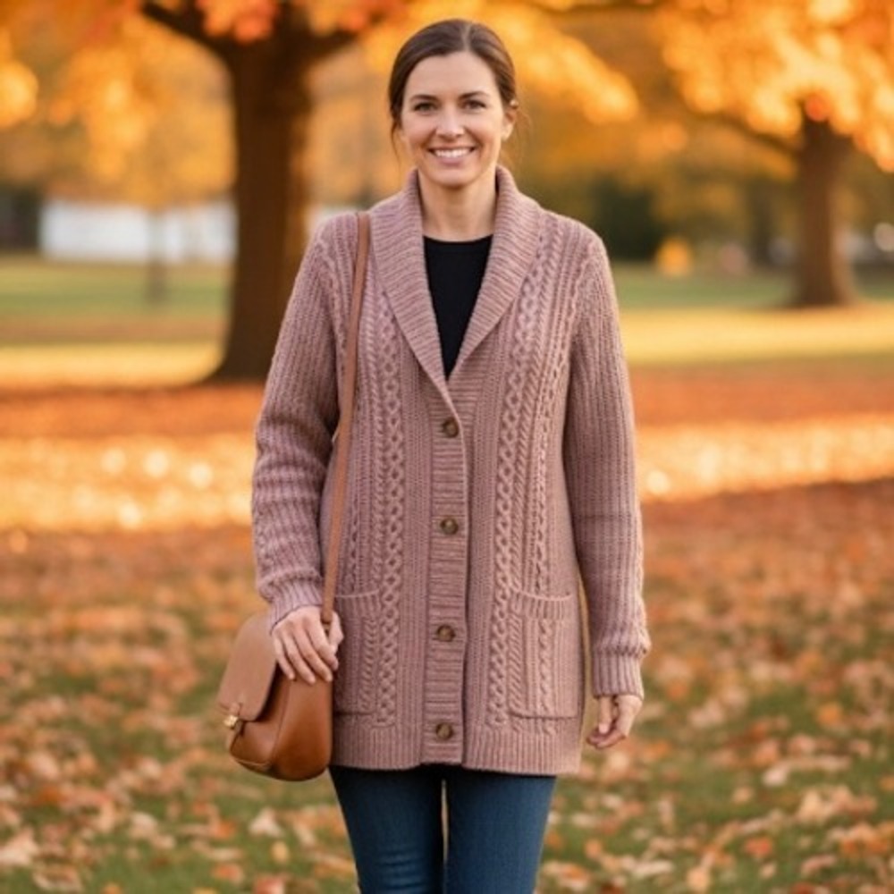 Cardigan Sweater Women Cable‎ Knit Shawl Collar Beige  Fisherman Wool Peppy Sz M